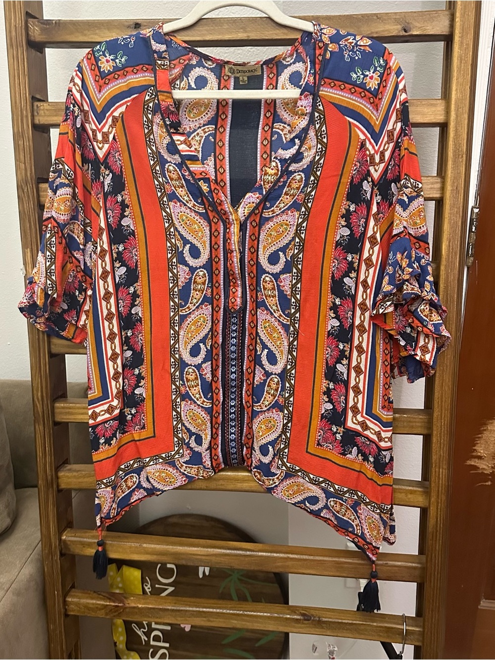 Democracy Multicolor Paisley Striped V-Neck Tunic with Tassels